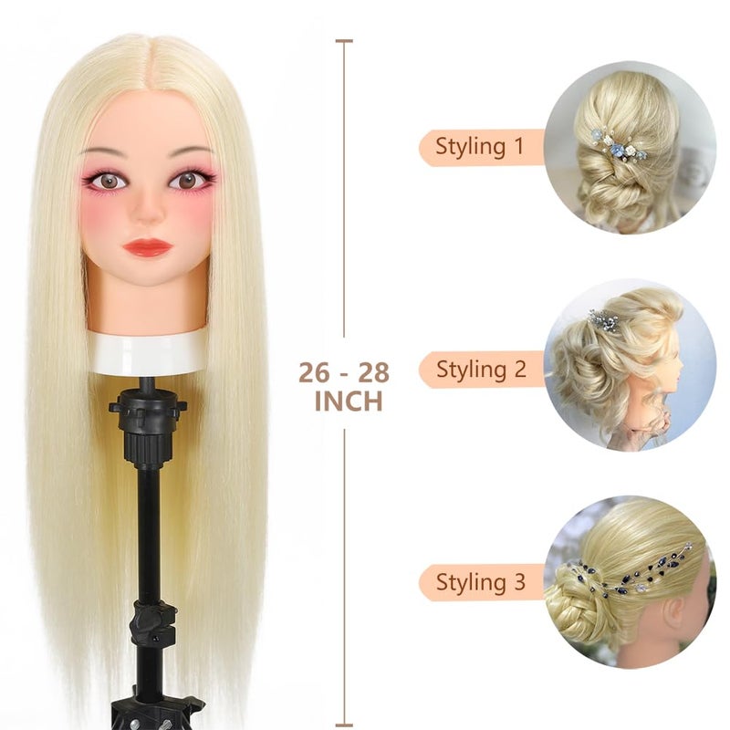 Opini Mannequin Head with 80% Real Human Hair Cosmetology Hairdresser Mannequin Doll Head for Practice Hair and Makeup (#613 Blond No makeup) - Image 3